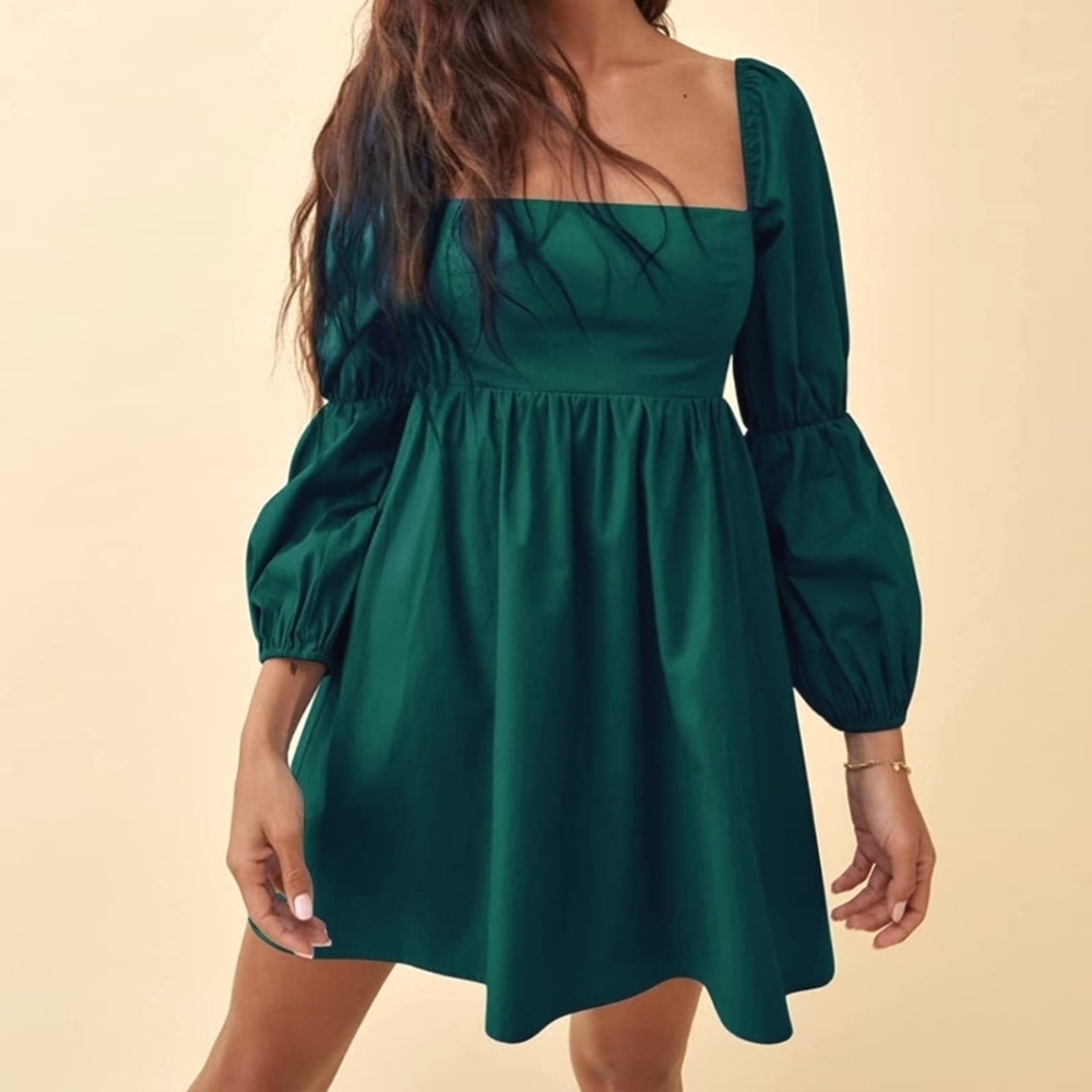 Exlura Green Square Neck Puff Sleeve A-Line Mini Dress - Size Small